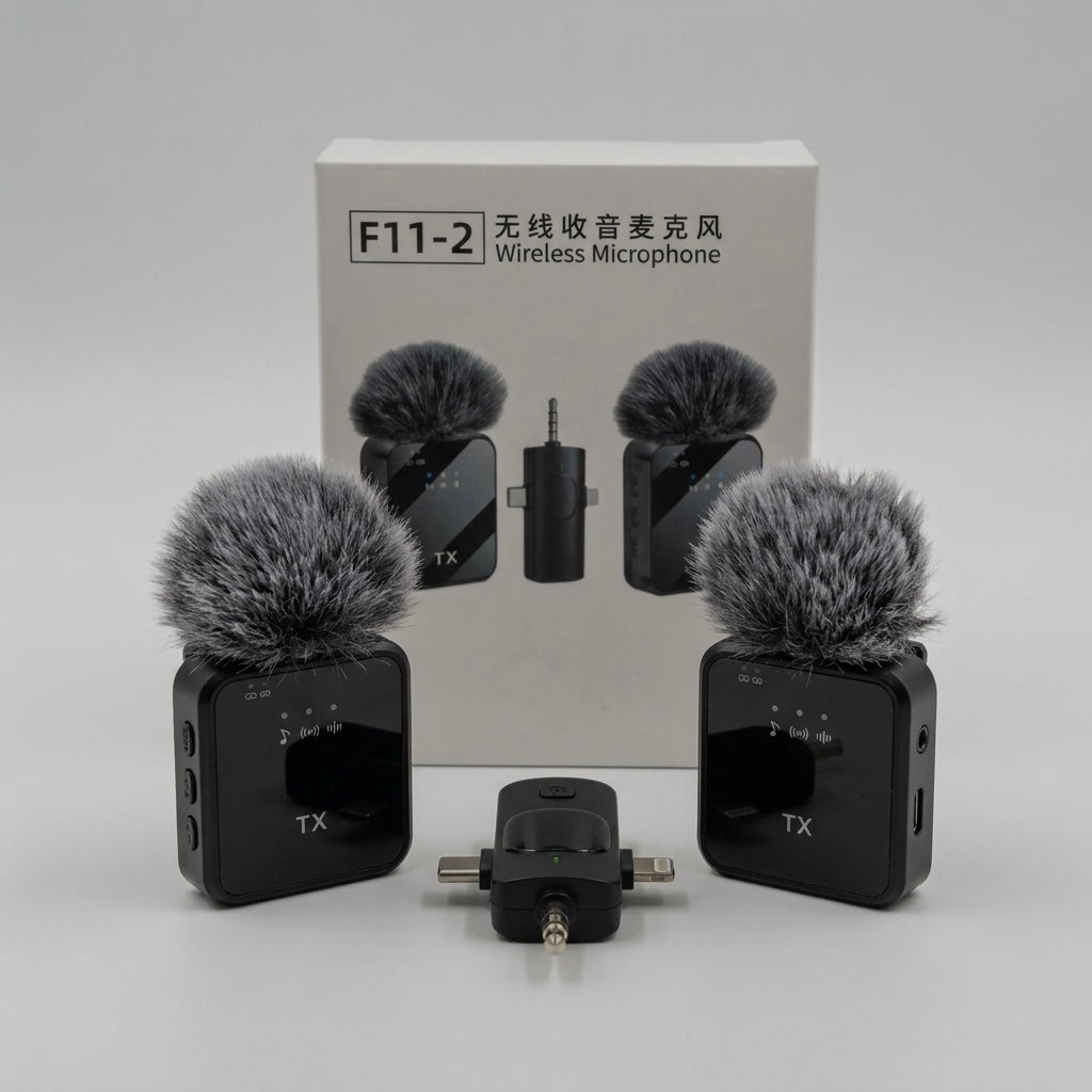 Microphone Sans Fil F11-2 avec Double Émetteur et Récepteur 3-en-1 Type-C | Lightning | Jack 3.5mm