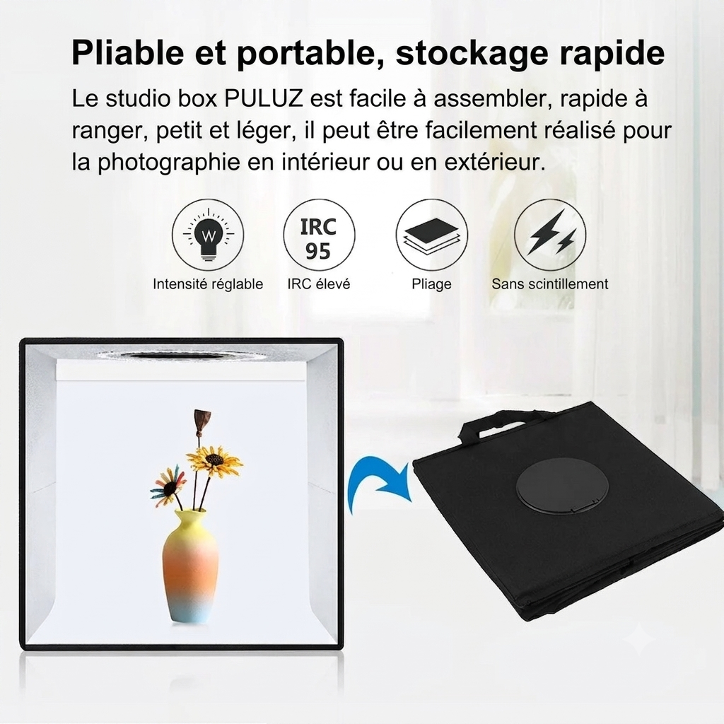 Boîte de Studio Photo Portable Professionnelle (PULUZ) avec Anneau Lumineux LED Réglable et 6 Fonds de Couleur