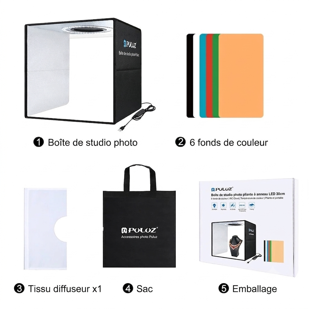 Boîte de Studio Photo Portable Professionnelle (PULUZ) avec Anneau Lumineux LED Réglable et 6 Fonds de Couleur