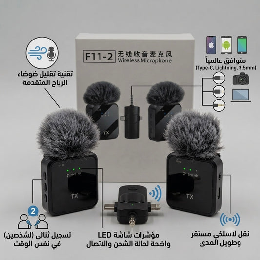 Microphone Sans Fil F11-2 avec Double Émetteur et Récepteur 3-en-1 Type-C | Lightning | Jack 3.5mm